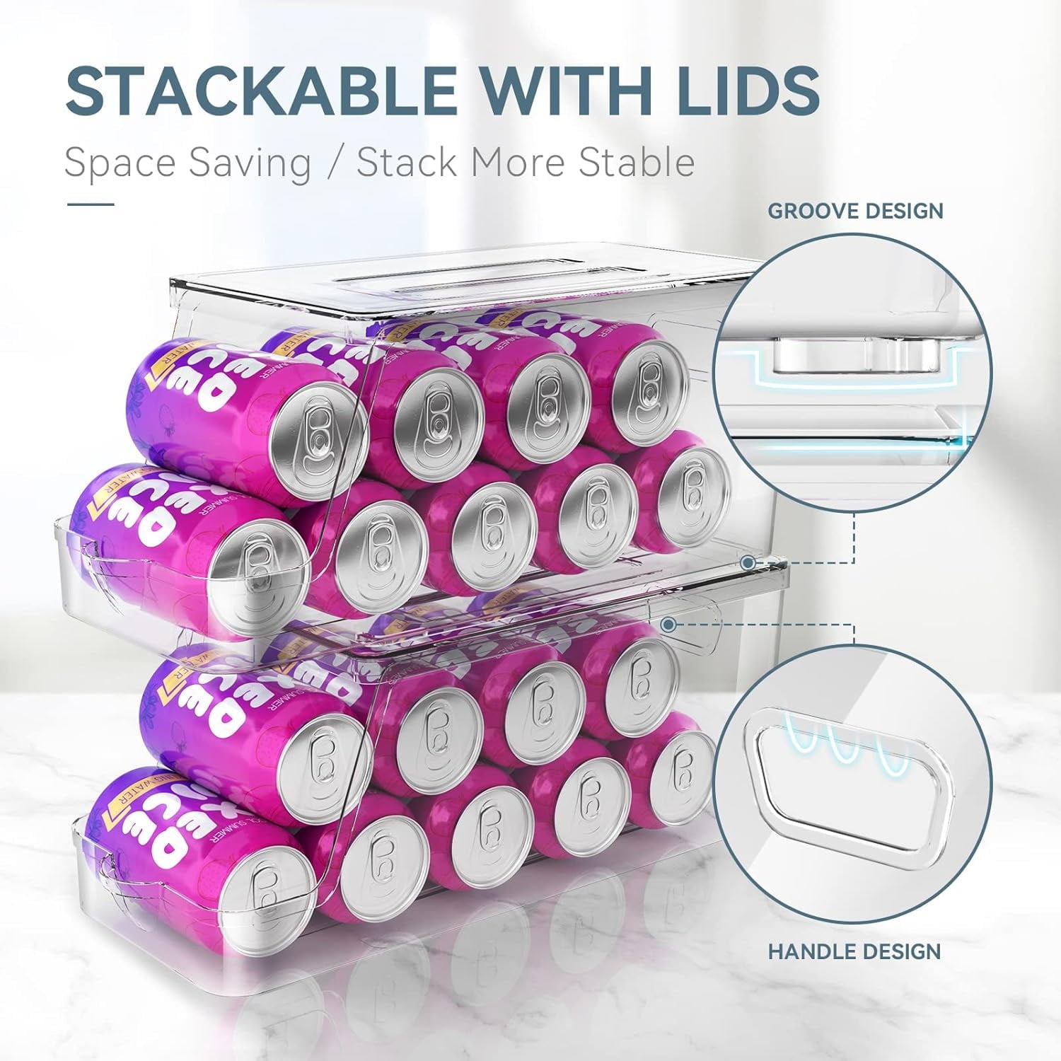 2Pack Soda Can Dispenser for Refrigerator with Lids, Stackable Drink Organizer for Fridge, Clear Plastic Refrigerator Organizer Bins, Beverage Can Holders for Pantry, Freezer, Kitchen, Cabinets