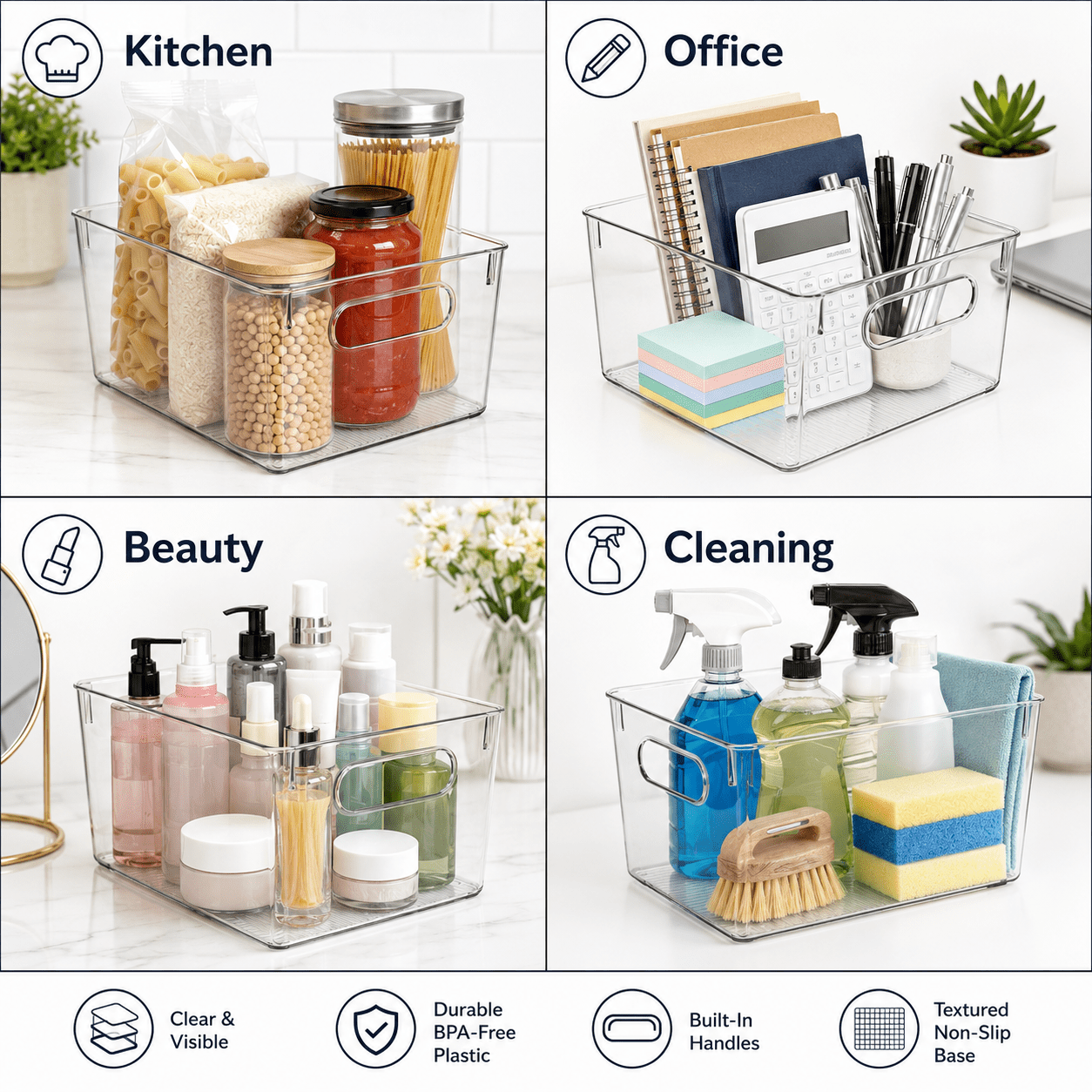 Clear Stackable Plastic Storage Bins, Pantry and Fridge Organizers for Kitchen, Bathroom, Home,10 x 6 x 5 inches