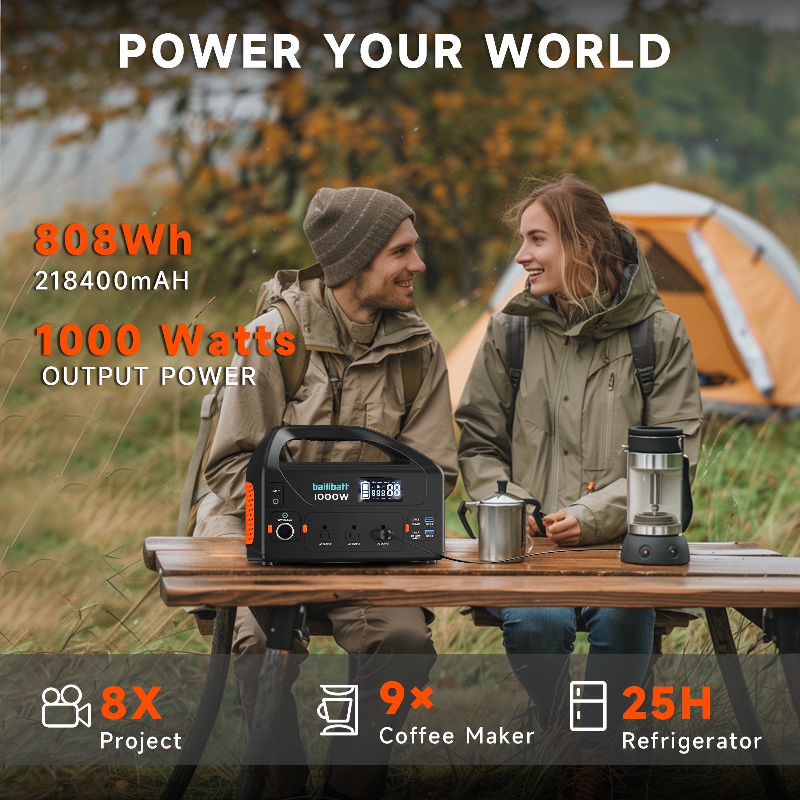 Bailibatt 808Wh Portable Power Station, 1000W Pure Sine Wave AC, PD 100W USB‑C, DC Car Port, Solar Charging for Camping and Home Backup