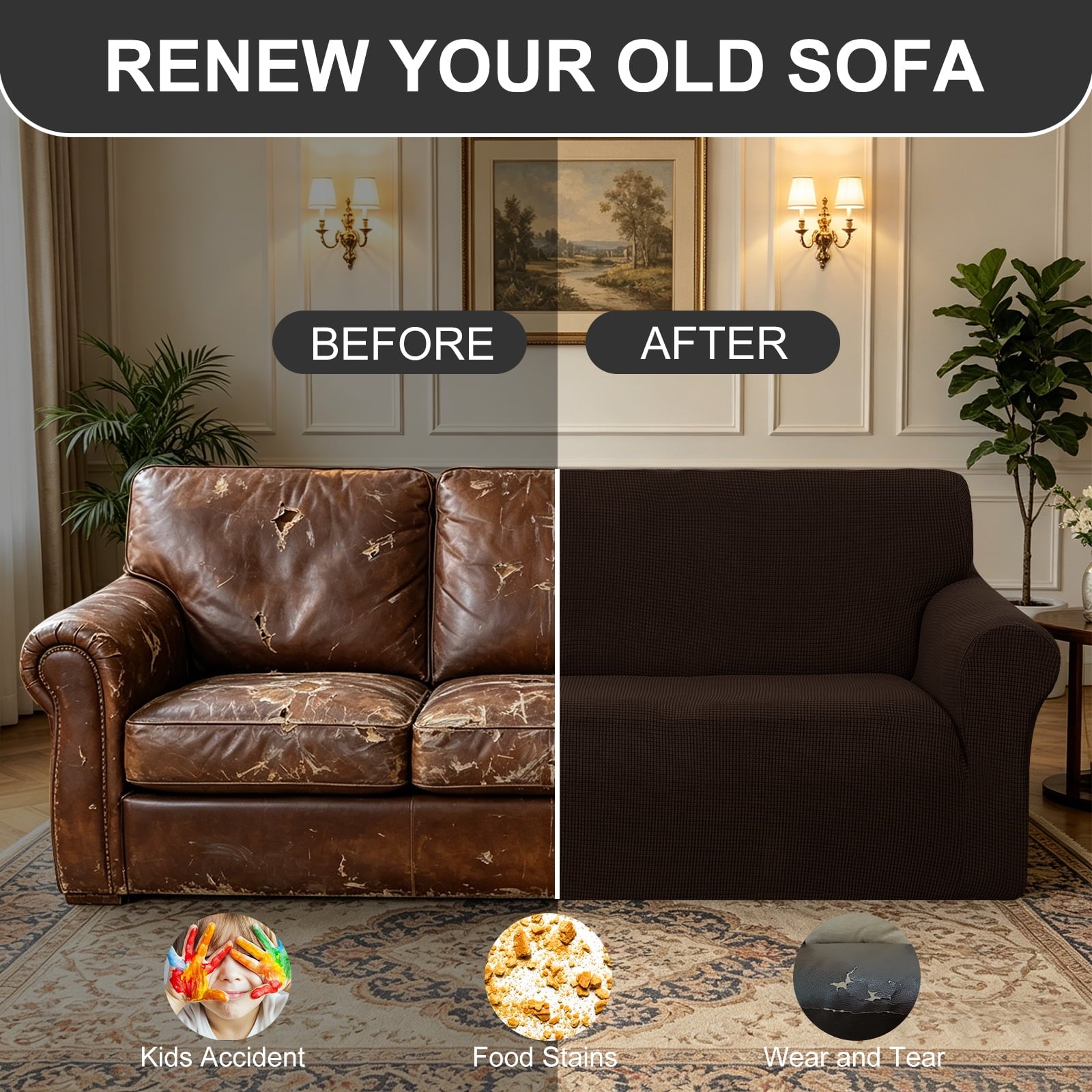 U-NICE HOME 1 Piece Stretch Sofa Cover Pet Friendly Washable Slipcover Furniture Protector for 3 Cushion Couch, Chocolate