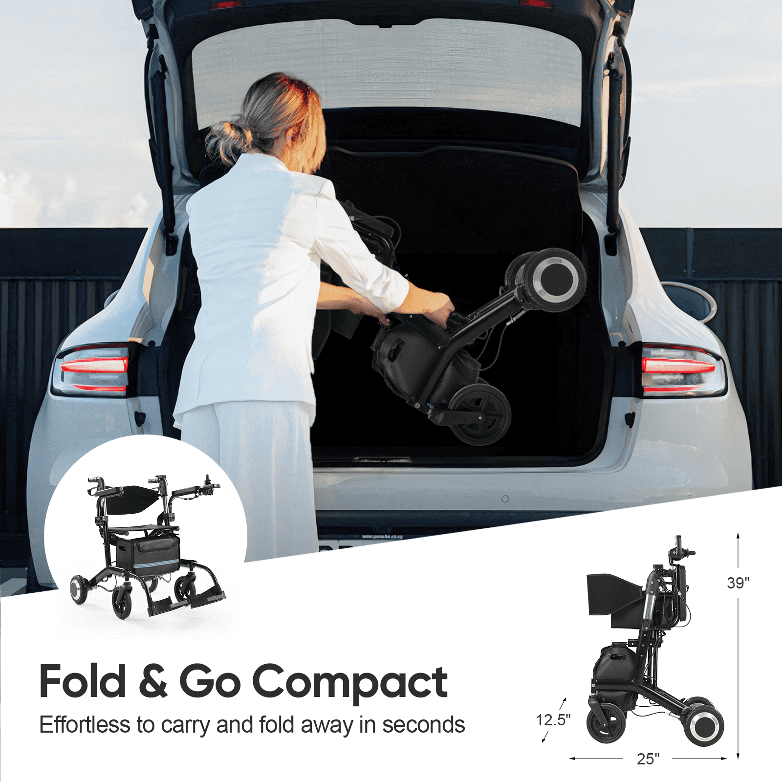 4 in 1 Wheelchair Rollator Walker Combo, 39lbs Lightweight Electric Wheelchair for Adults, 10Ah Battery, Black