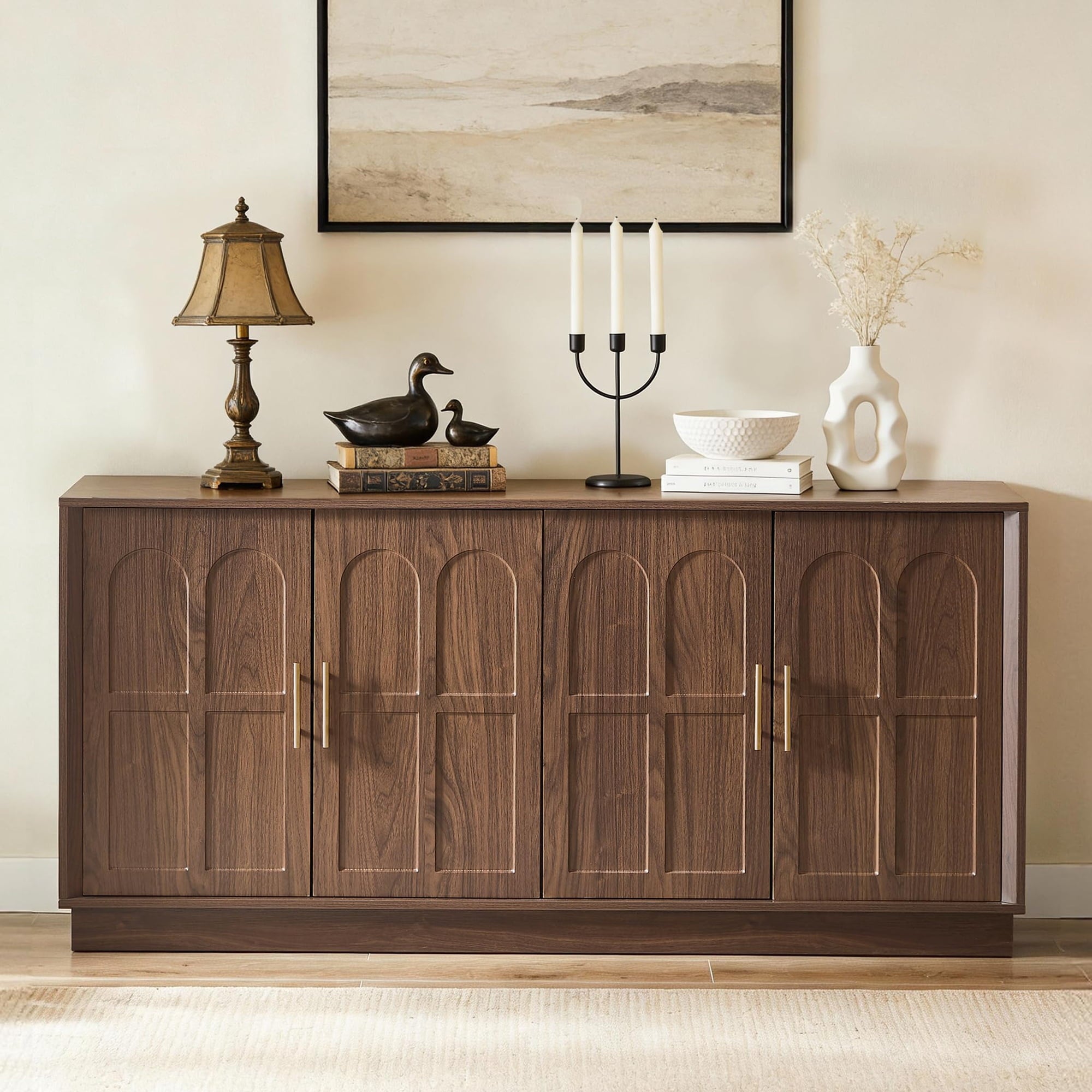 BFJDM 67" Arched Sideboard Buffet Cabinet, 4-Door Wood Walnut Credenza Storage Accent Cabinet TV Console for Living Room Kitchen Dining Room Entryway